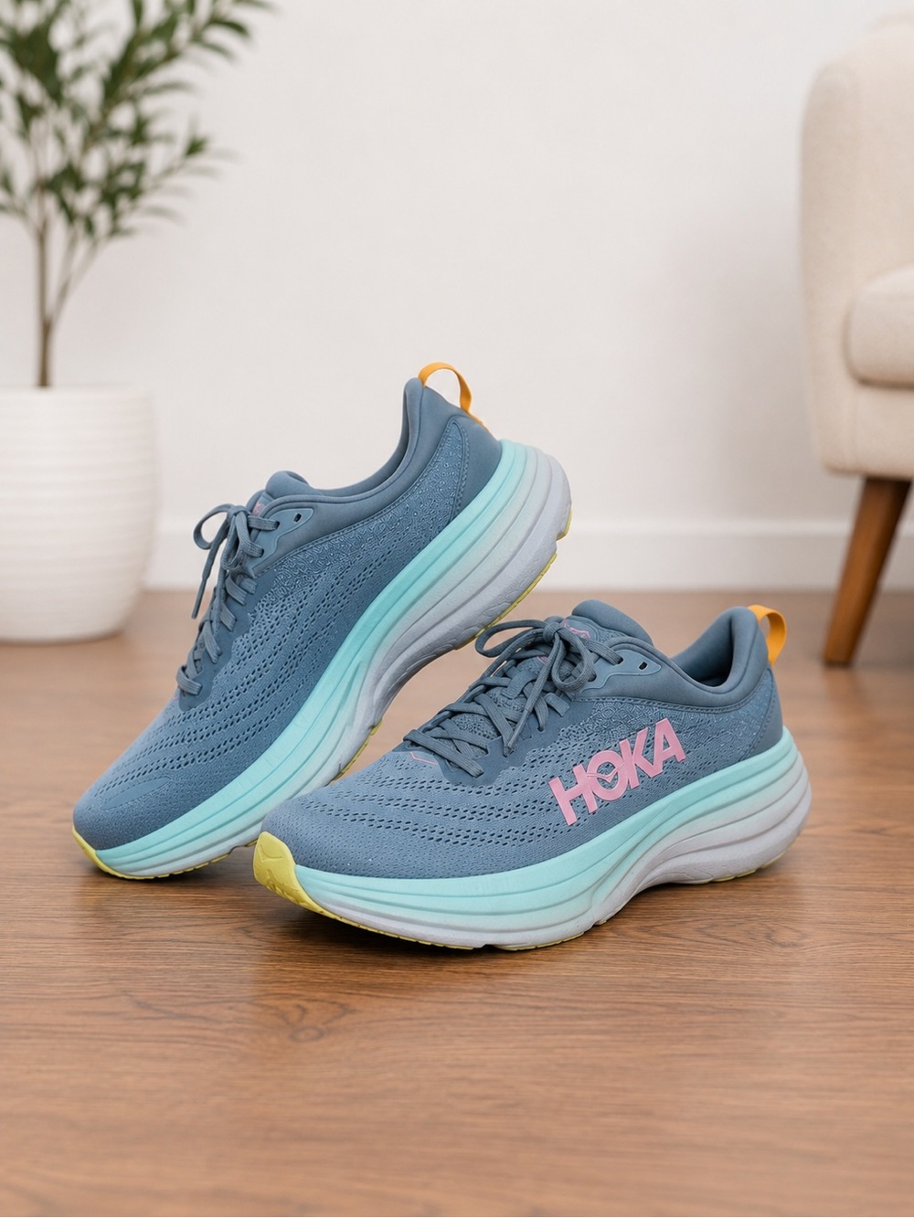 Hoka Women's Slate Blue Running Shoes with Pink Logo and Mint Sole